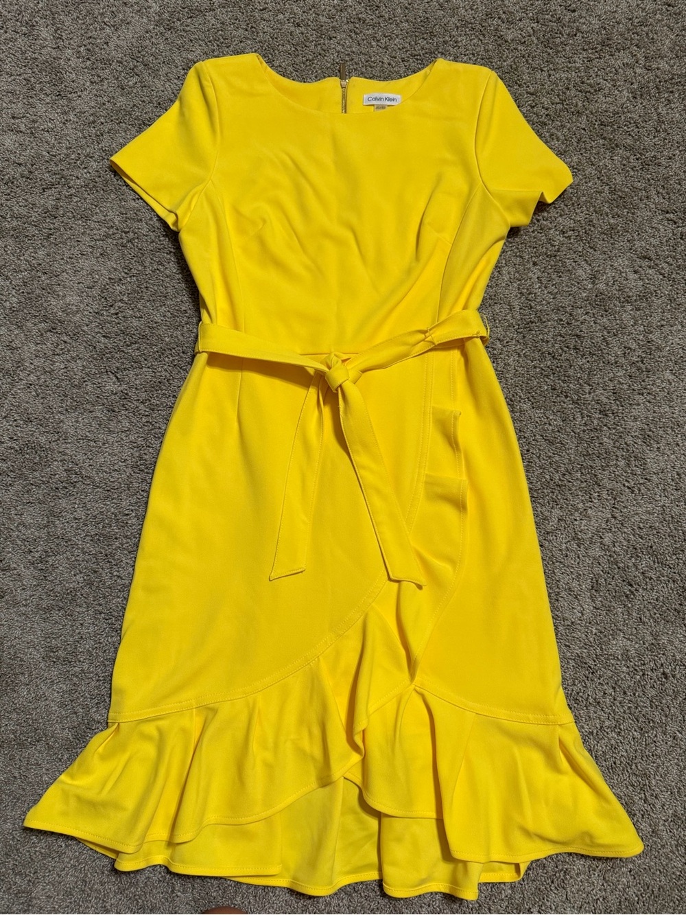 Calvin Klein Bright Yellow Tie-Waist Ruffle Midi Dress